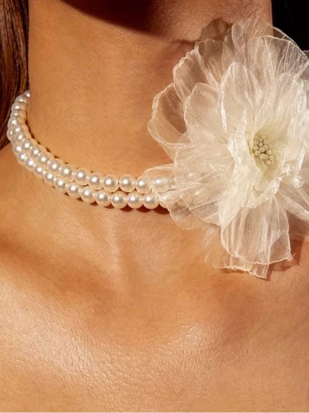 Ivory Double-Strand Pearl Choker with Organza Flower